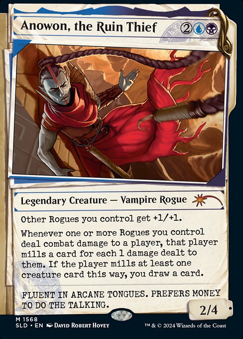 Other Rogues you control get +1/+1.
Whenever one or more Rogues you control deal combat damage to a player, that player mills a card for each 1 damage dealt to them. If the player mills at least one creature card this way, you draw a card. (To mill a card, a player puts the top card of their library into their graveyard.)