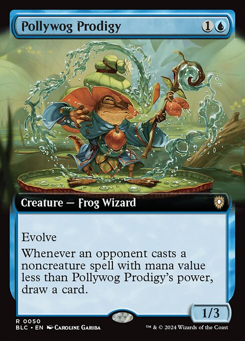 Evolve (Whenever a creature you control enters, if that creature has greater power or toughness than this creature, put a +1/+1 counter on this creature.)
Whenever an opponent casts a noncreature spell with mana value less than Pollywog Prodigy's power, draw a card.