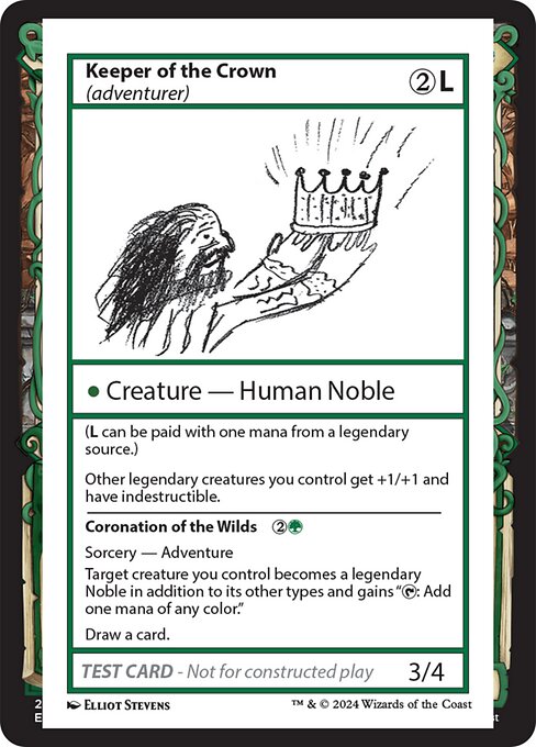({L} can be paid with one mana from a legendary source.)
Other legendary creatures you control get +1/+1 and have indestructible.   Target creature you control becomes a legendary Noble in addition to its other types and gains "{T}: Add one mana of any color."
Draw a card.