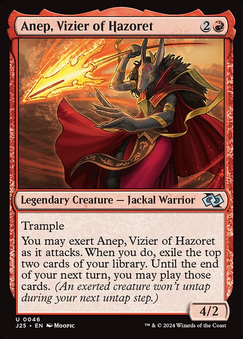 Trample
You may exert Anep, Vizier of Hazoret as it attacks. When you do, exile the top two cards of your library. Until the end of your next turn, you may play those cards. (An exerted creature won't untap during your next untap step.)