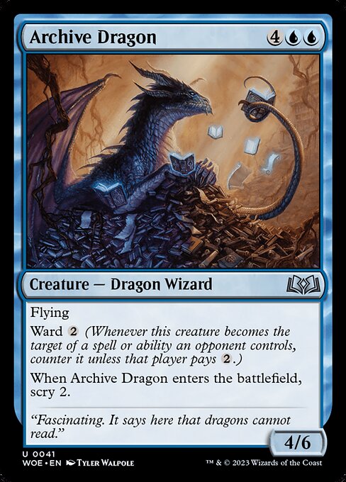 Flying
Ward {2} (Whenever this creature becomes the target of a spell or ability an opponent controls, counter it unless that player pays {2}.)
When Archive Dragon enters the battlefield, scry 2.