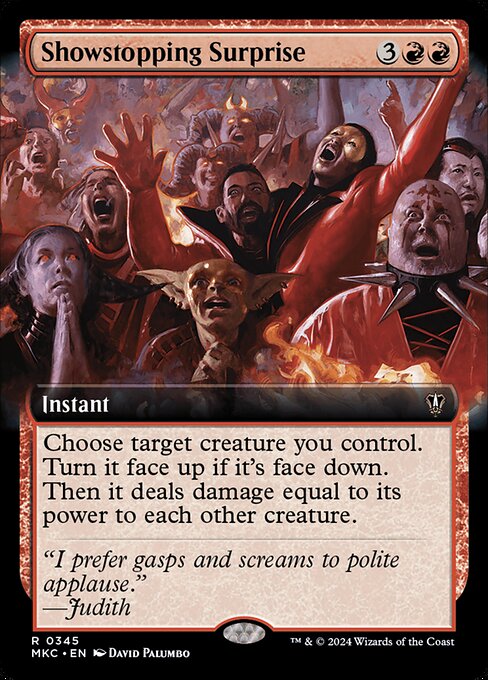 Choose target creature you control. Turn it face up if it's face down. Then it deals damage equal to its power to each other creature.