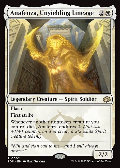 Flash
First strike
Whenever another nontoken creature you control dies, Anafenza endures 2. (Put two +1/+1 counters on it or create a 2/2 white Spirit creature token.)
