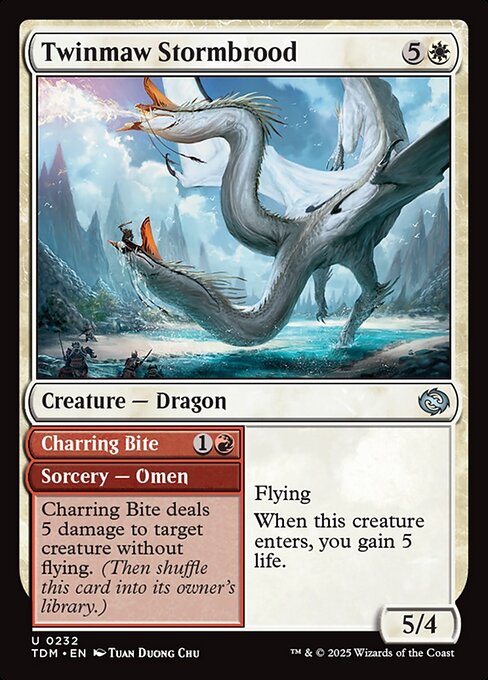 Flying
When this creature enters, you gain 5 life.   Charring Bite deals 5 damage to target creature without flying. (Then shuffle this card into its owner's library.)