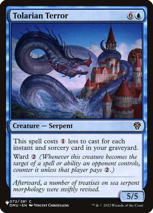 This spell costs {1} less to cast for each instant and sorcery card in your graveyard.
Ward {2} (Whenever this creature becomes the target of a spell or ability an opponent controls, counter it unless that player pays {2}.)