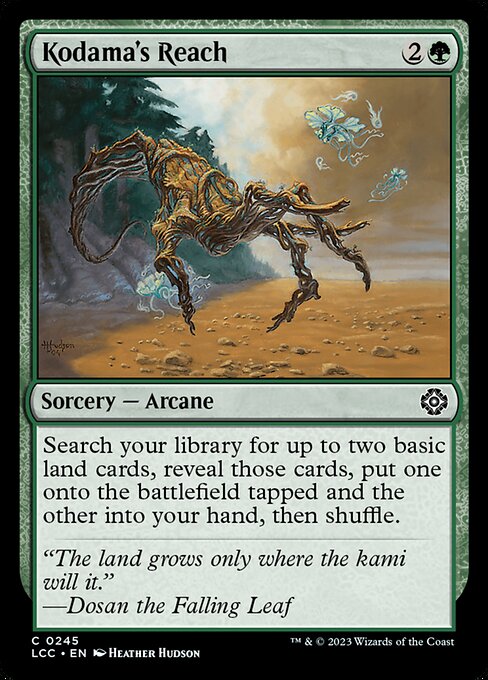 Search your library for up to two basic land cards, reveal those cards, put one onto the battlefield tapped and the other into your hand, then shuffle.