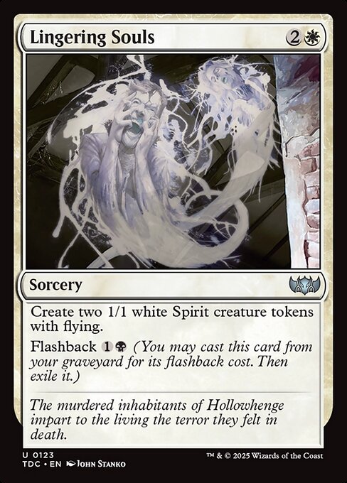 Create two 1/1 white Spirit creature tokens with flying.
Flashback {1}{B} (You may cast this card from your graveyard for its flashback cost. Then exile it.)