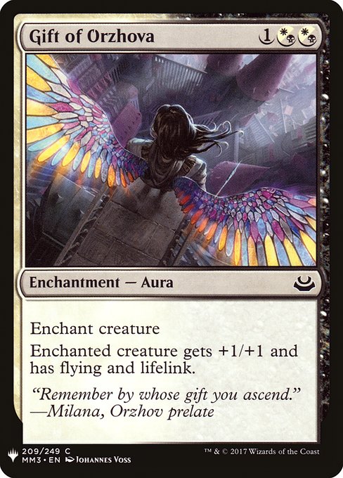 Enchant creature
Enchanted creature gets +1/+1 and has flying and lifelink.