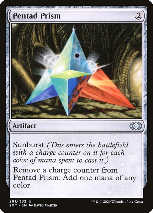 Sunburst (This enters the battlefield with a charge counter on it for each color of mana spent to cast it.)
Remove a charge counter from Pentad Prism: Add one mana of any color.
