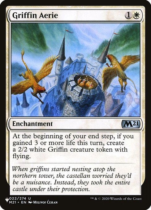 At the beginning of your end step, if you gained 3 or more life this turn, create a 2/2 white Griffin creature token with flying.