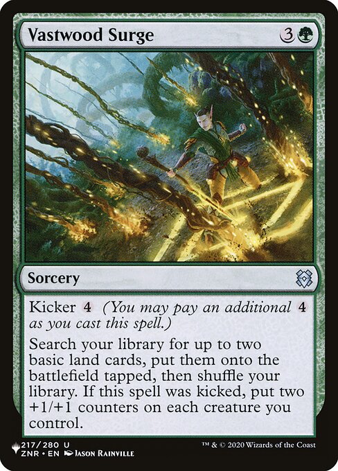 Kicker {4} (You may pay an additional {4} as you cast this spell.)
Search your library for up to two basic land cards, put them onto the battlefield tapped, then shuffle. If this spell was kicked, put two +1/+1 counters on each creature you control.
