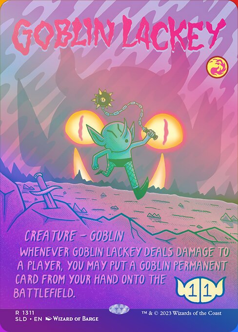 Whenever Goblin Lackey deals damage to a player, you may put a Goblin permanent card from your hand onto the battlefield.