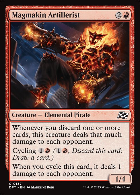 Whenever you discard one or more cards, this creature deals that much damage to each opponent.
Cycling {1}{R} ({1}{R}, Discard this card: Draw a card.)
When you cycle this card, it deals 1 damage to each opponent.