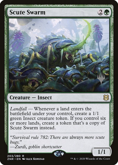 Landfall — Whenever a land enters the battlefield under your control, create a 1/1 green Insect creature token. If you control six or more lands, create a token that's a copy of Scute Swarm instead.
