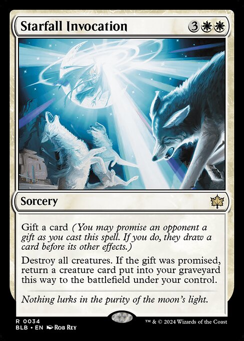 Gift a card (You may promise an opponent a gift as you cast this spell. If you do, they draw a card before its other effects.)
Destroy all creatures. If the gift was promised, return a creature card put into your graveyard this way to the battlefield under your control.