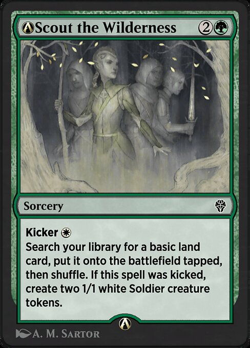 Kicker {W} (You may pay an additional {1}{W} as you cast this spell.)
Search your library for a basic land card, put it onto the battlefield tapped, then shuffle. If this spell was kicked, create two 1/1 white Soldier creature tokens.