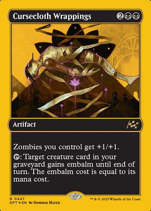 Zombies you control get +1/+1.
{T}: Target creature card in your graveyard gains embalm until end of turn. The embalm cost is equal to its mana cost. (Exile that card and pay its embalm cost: Create a token that's a copy of it, except it's a white Zombie in addition to its other types and has no mana cost. Embalm only as a sorcery.)