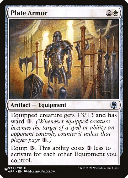 Equipped creature gets +3/+3 and has ward {1}. (Whenever equipped creature becomes the target of a spell or ability an opponent controls, counter it unless that player pays {1}.)
Equip {3}. This ability costs {1} less to activate for each other Equipment you control.