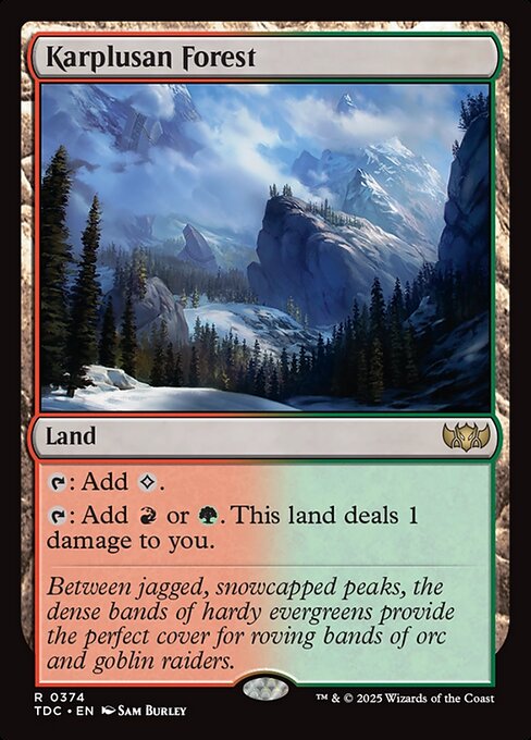 {T}: Add {C}.
{T}: Add {R} or {G}. This land deals 1 damage to you.