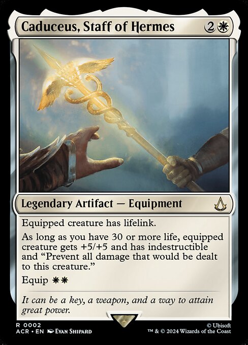 Equipped creature has lifelink.
As long as you have 30 or more life, equipped creature gets +5/+5 and has indestructible and "Prevent all damage that would be dealt to this creature."
Equip {W}{W}