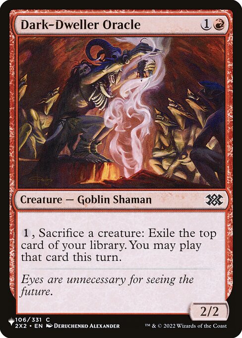 {1}, Sacrifice a creature: Exile the top card of your library. You may play that card this turn. (You still pay its costs. You can play a land this way only if you have an available land play remaining.)