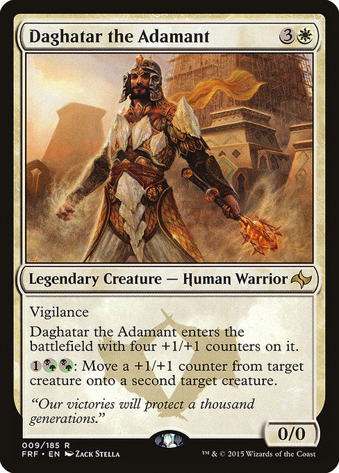 Vigilance
Daghatar the Adamant enters the battlefield with four +1/+1 counters on it.
{1}{B/G}{B/G}: Move a +1/+1 counter from target creature onto a second target creature.