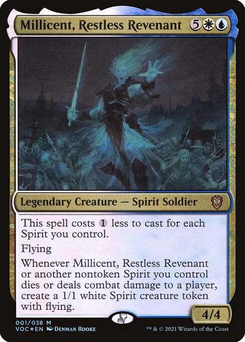 This spell costs {1} less to cast for each Spirit you control.
Flying
Whenever Millicent, Restless Revenant or another nontoken Spirit you control dies or deals combat damage to a player, create a 1/1 white Spirit creature token with flying.