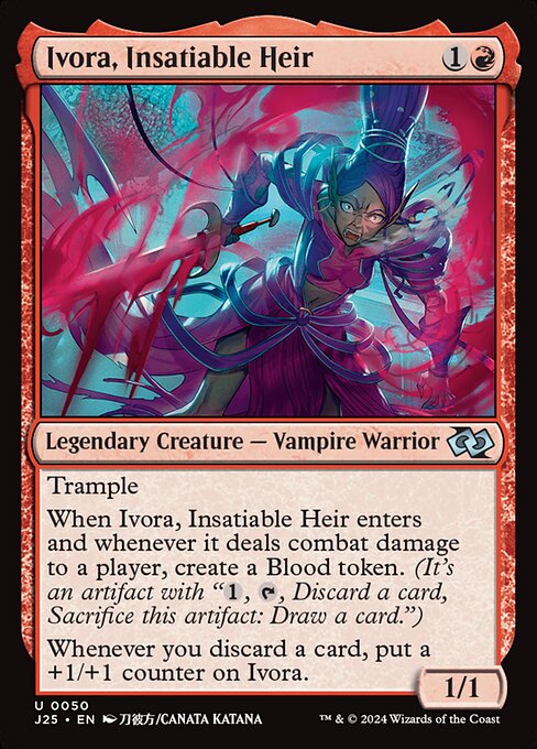 Trample
When Ivora, Insatiable Heir enters and whenever it deals combat damage to a player, create a Blood token. (It's an artifact with "{1}, {T}, Discard a card, Sacrifice this artifact: Draw a card.")
Whenever you discard a card, put a +1/+1 counter on Ivora.