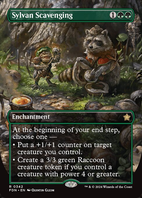 At the beginning of your end step, choose one —
• Put a +1/+1 counter on target creature you control.
• Create a 3/3 green Raccoon creature token if you control a creature with power 4 or greater.
