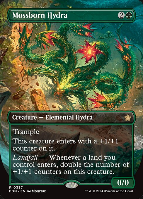 Trample (This creature can deal excess combat damage to the player or planeswalker it's attacking.)
This creature enters with a +1/+1 counter on it.
Landfall — Whenever a land you control enters, double the number of +1/+1 counters on this creature.
