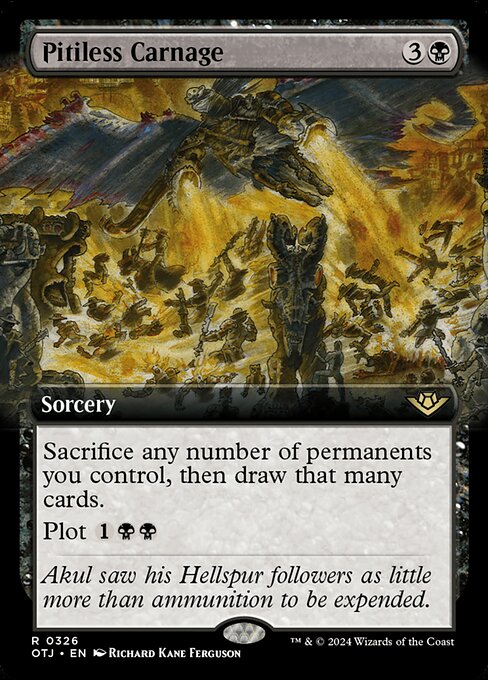 Sacrifice any number of permanents you control, then draw that many cards.
Plot {1}{B}{B} (You may pay {1}{B}{B} and exile this card from your hand. Cast it as a sorcery on a later turn without paying its mana cost. Plot only as a sorcery.)
