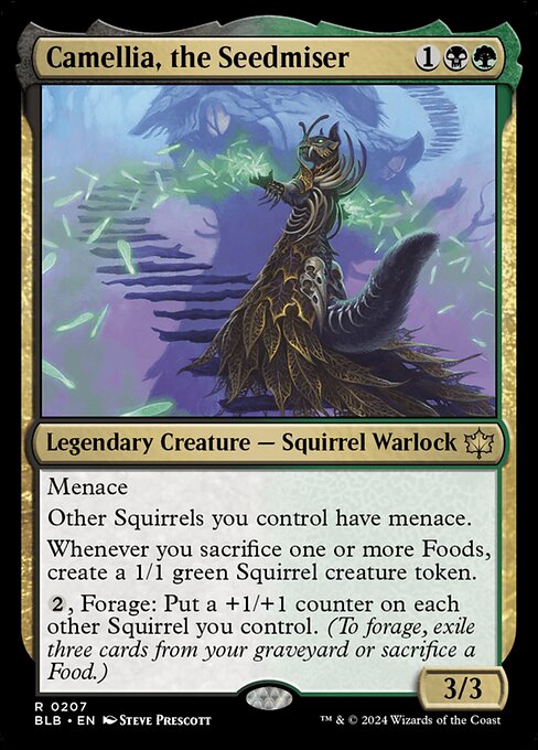 Menace
Other Squirrels you control have menace.
Whenever you sacrifice one or more Foods, create a 1/1 green Squirrel creature token.
{2}, Forage: Put a +1/+1 counter on each other Squirrel you control. (To forage, exile three cards from your graveyard or sacrifice a Food.)