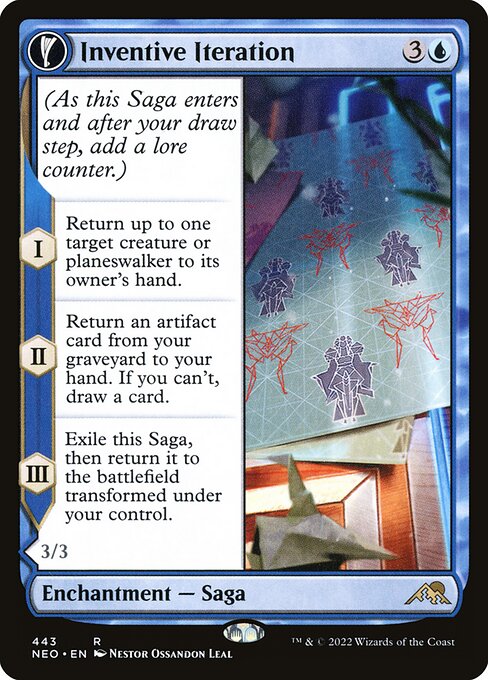 (As this Saga enters and after your draw step, add a lore counter.)
I — Return up to one target creature or planeswalker to its owner's hand.
II — Return an artifact card from your graveyard to your hand. If you can't, draw a card.
III — Exile this Saga, then return it to the battlefield transformed under your control.   Flying
Whenever you cast a spell, your opponents can't cast spells with the same mana value as that spell until your next turn.