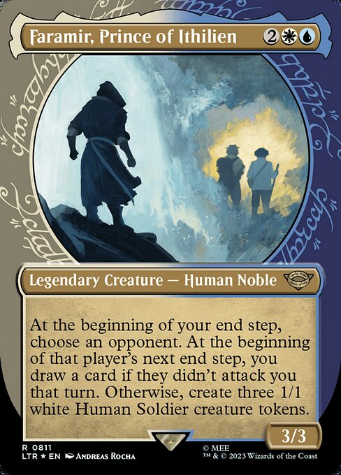 At the beginning of your end step, choose an opponent. At the beginning of that player's next end step, you draw a card if they didn't attack you that turn. Otherwise, create three 1/1 white Human Soldier creature tokens.