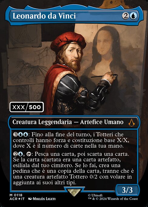 {3}{U}{U}: Until end of turn, Thopters you control have base power and toughness X/X, where X is the number of cards in your hand.
{2}{U}, {T}: Draw a card, then discard a card. If the discarded card was an artifact card, exile it from your graveyard. If you do, create a token that's a copy of it, except it's a 0/2 Thopter artifact creature with flying in addition to its other types.
