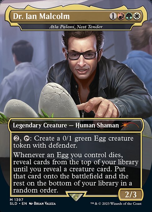 {2}, {T}: Create a 0/1 green Egg creature token with defender.
Whenever an Egg you control dies, reveal cards from the top of your library until you reveal a creature card. Put that card onto the battlefield and the rest on the bottom of your library in a random order.