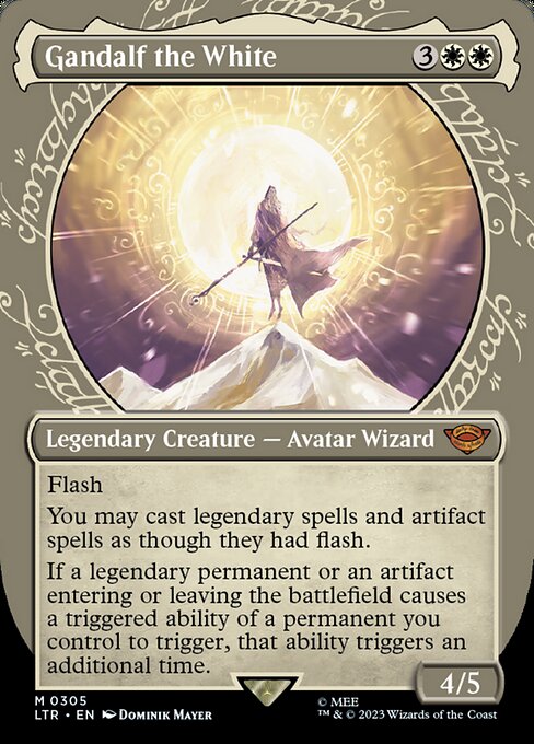 Flash
You may cast legendary spells and artifact spells as though they had flash.
If a legendary permanent or an artifact entering or leaving the battlefield causes a triggered ability of a permanent you control to trigger, that ability triggers an additional time.