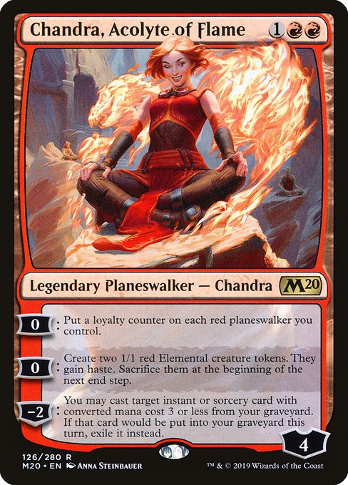 0: Put a loyalty counter on each red planeswalker you control.
0: Create two 1/1 red Elemental creature tokens. They gain haste. Sacrifice them at the beginning of the next end step.
−2: You may cast target instant or sorcery card with mana value 3 or less from your graveyard. If that spell would be put into your graveyard, exile it instead.