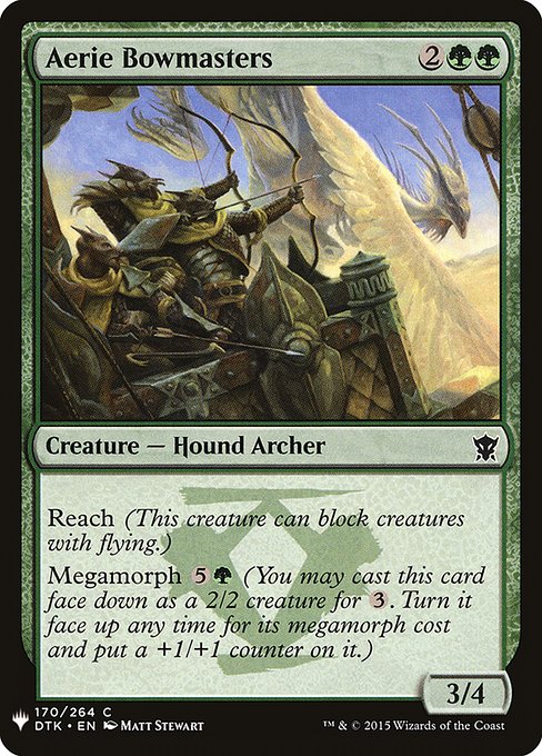 Reach (This creature can block creatures with flying.)
Megamorph {5}{G} (You may cast this card face down as a 2/2 creature for {3}. Turn it face up any time for its megamorph cost and put a +1/+1 counter on it.)