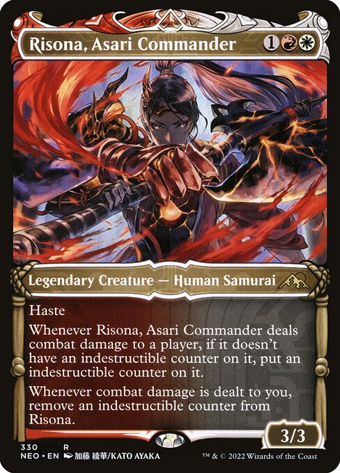 Haste
Whenever Risona, Asari Commander deals combat damage to a player, if it doesn't have an indestructible counter on it, put an indestructible counter on it.
Whenever combat damage is dealt to you, remove an indestructible counter from Risona.