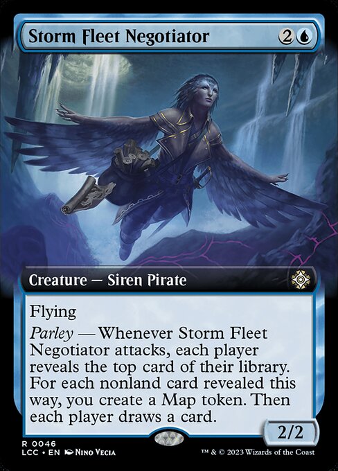Flying
Parley — Whenever this creature attacks, each player reveals the top card of their library. For each nonland card revealed this way, you create a Map token. Then each player draws a card. (A Map token is an artifact with "{1}, {T}, Sacrifice this token: Target creature you control explores. Activate only as a sorcery.")