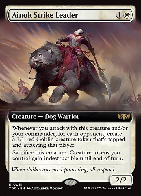Whenever you attack with this creature and/or your commander, for each opponent, create a 1/1 red Goblin creature token that's tapped and attacking that player.
Sacrifice this creature: Creature tokens you control gain indestructible until end of turn.