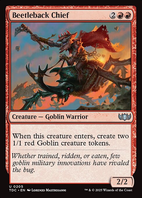 When this creature enters, create two 1/1 red Goblin creature tokens.