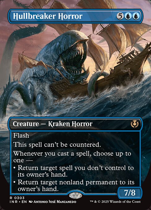 Flash
This spell can't be countered.
Whenever you cast a spell, choose up to one —
• Return target spell you don't control to its owner's hand.
• Return target nonland permanent to its owner's hand.