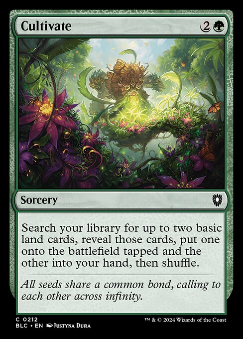 Search your library for up to two basic land cards, reveal those cards, put one onto the battlefield tapped and the other into your hand, then shuffle.