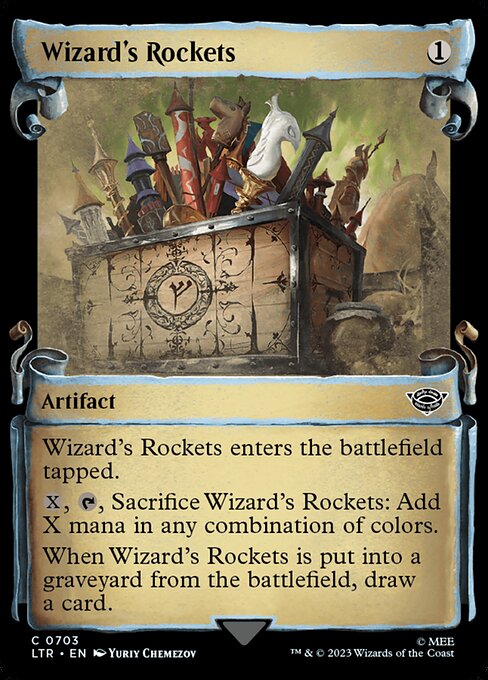 Wizard's Rockets enters the battlefield tapped.
{X}, {T}, Sacrifice Wizard's Rockets: Add X mana in any combination of colors.
When Wizard's Rockets is put into a graveyard from the battlefield, draw a card.