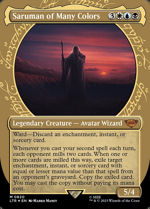Ward—Discard an enchantment, instant, or sorcery card.
Whenever you cast your second spell each turn, each opponent mills two cards. When one or more cards are milled this way, exile target enchantment, instant, or sorcery card with equal or lesser mana value than that spell from an opponent's graveyard. Copy the exiled card. You may cast the copy without paying its mana cost.