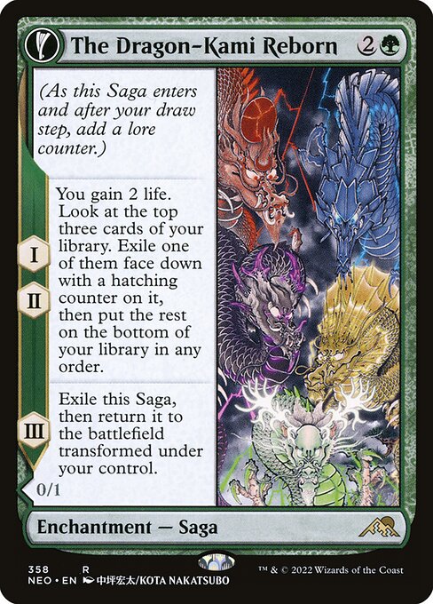 (As this Saga enters and after your draw step, add a lore counter.)
I, II — You gain 2 life. Look at the top three cards of your library. Exile one of them face down with a hatching counter on it, then put the rest on the bottom of your library in any order.
III — Exile this Saga, then return it to the battlefield transformed under your control.   Whenever Dragon-Kami's Egg or a Dragon you control dies, you may cast a creature spell from among cards you own in exile with hatching counters on the