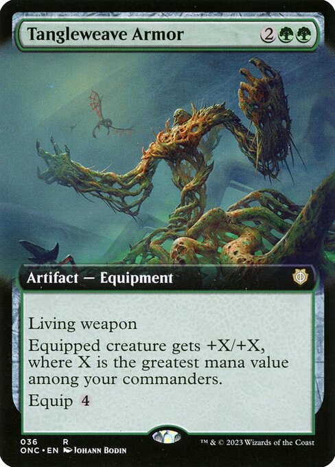Living weapon (When this Equipment enters the battlefield, create a 0/0 black Phyrexian Germ creature token, then attach this to it.)
Equipped creature gets +X/+X, where X is the greatest mana value among your commanders.
Equip {4}