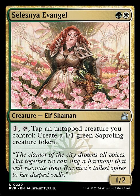 {1}, {T}, Tap an untapped creature you control: Create a 1/1 green Saproling creature token.